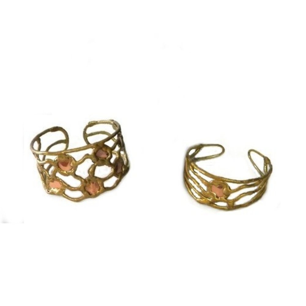 1970s Modernist Brutalist Gold Colored Copper Wide and Narrow Cuff Bracelets
